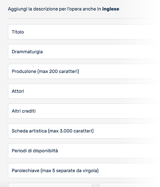 Screenshot inserimento opera in versione multilingua