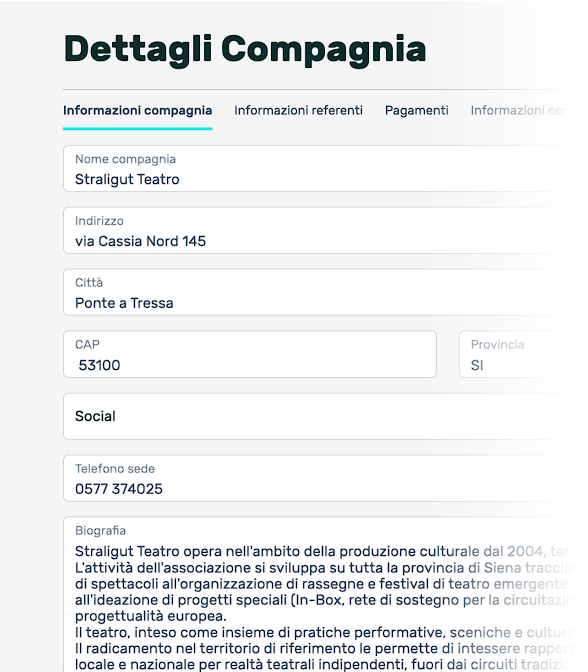 Screenshot pagina dettagli compagnia